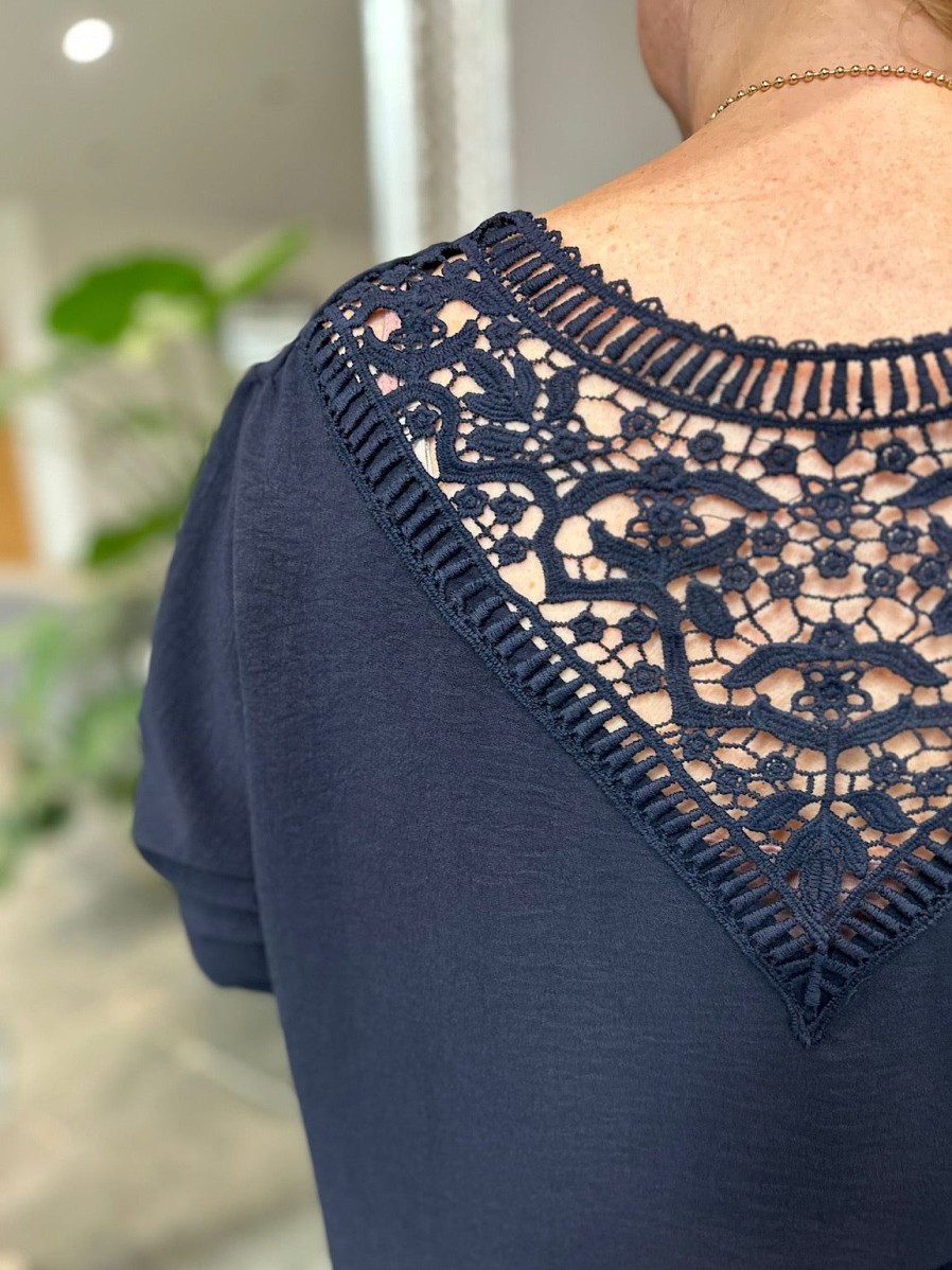 Clothing Goldon Fashion Long Sleeve | Navy Crochet Back Detail Crepe Top Holly