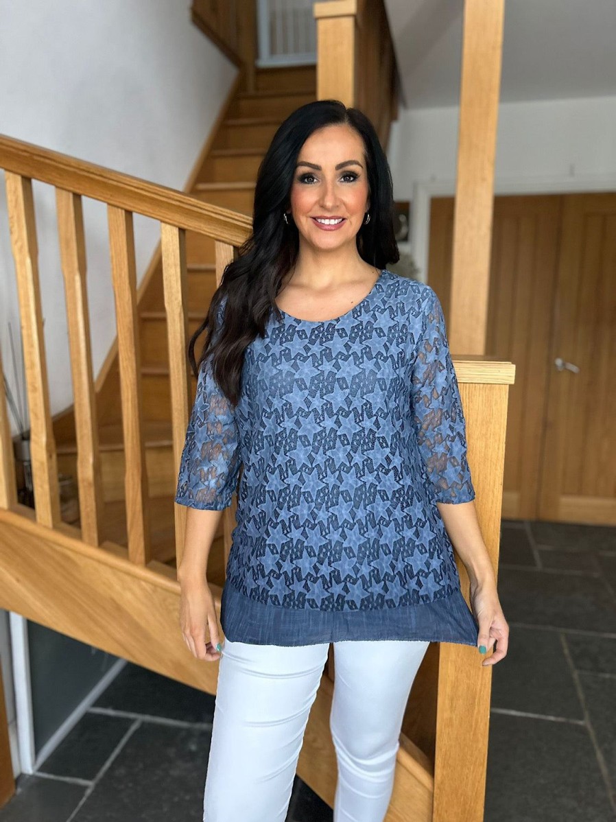 Clothing Link Moda Long Sleeve | Denim Multi Star Layered Lace Top Sarah