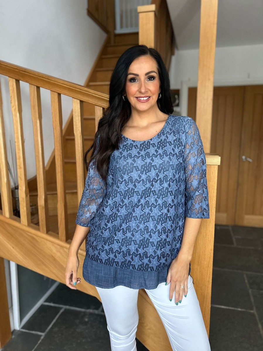 Clothing Link Moda Long Sleeve | Denim Multi Star Layered Lace Top Sarah