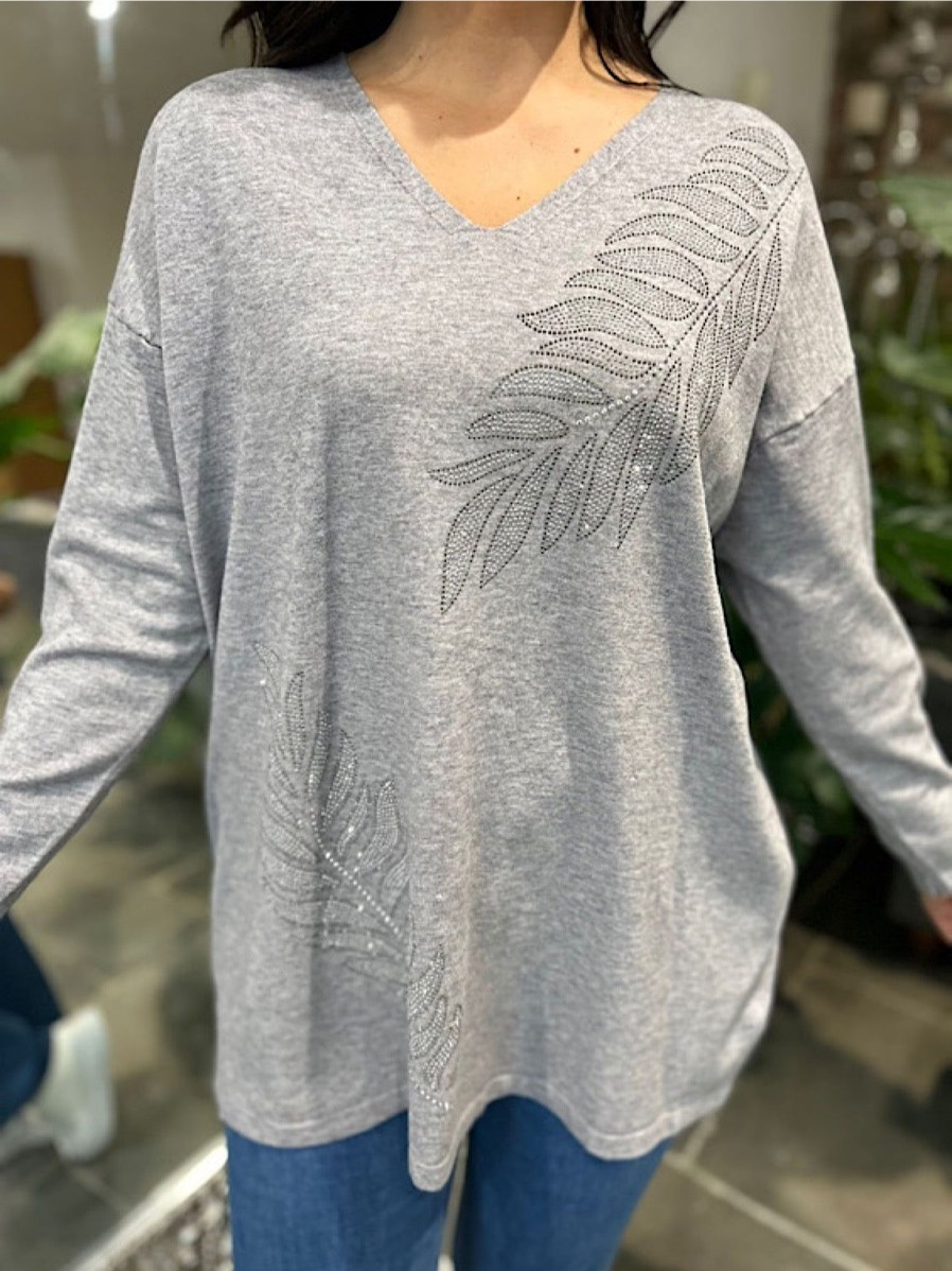 Clothing M&D Fashion Long Sleeve | Grey Diamante Leaf Detail Knit Frankie