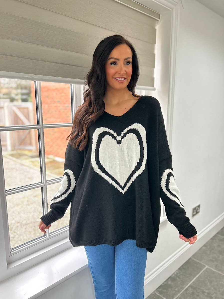 Clothing Paris Collection Chunky Knitwear | Black Multi Heart Detail Jumper Tina