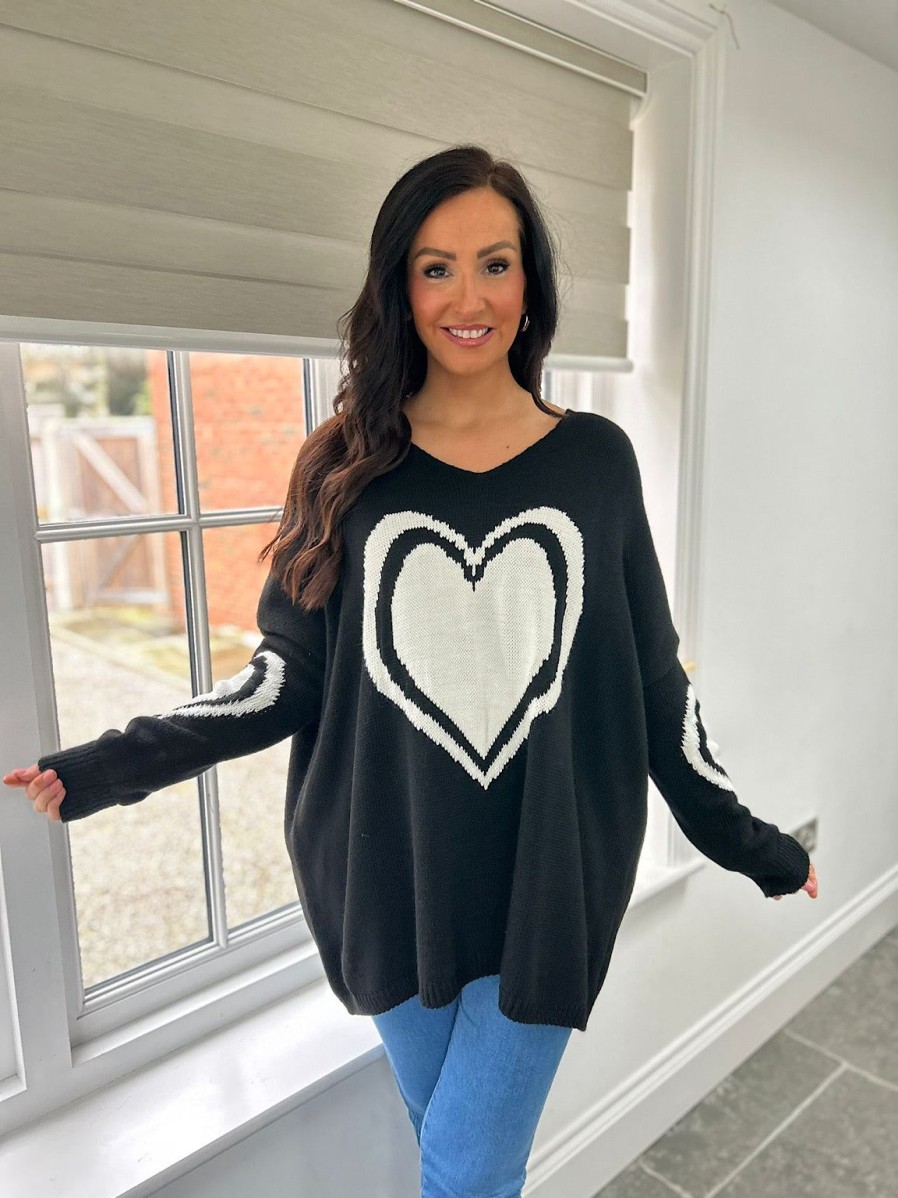 Clothing Paris Collection Chunky Knitwear | Black Multi Heart Detail Jumper Tina