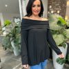 Clothing Shengtai Long Sleeve | Black Ribbed Off Shoulder Top Ruby