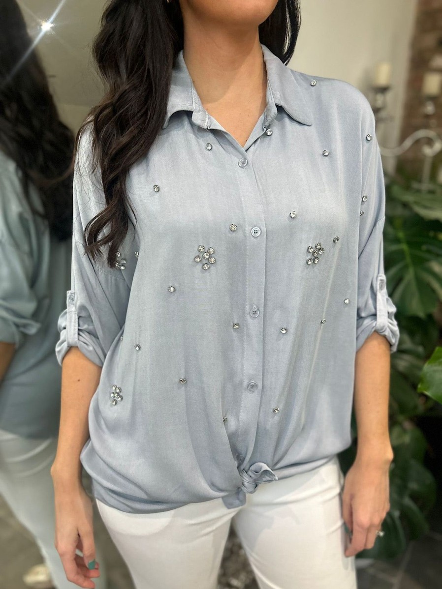 Clothing D-Style Shirts & Blouses | Light Grey Embellished Blouse Ida