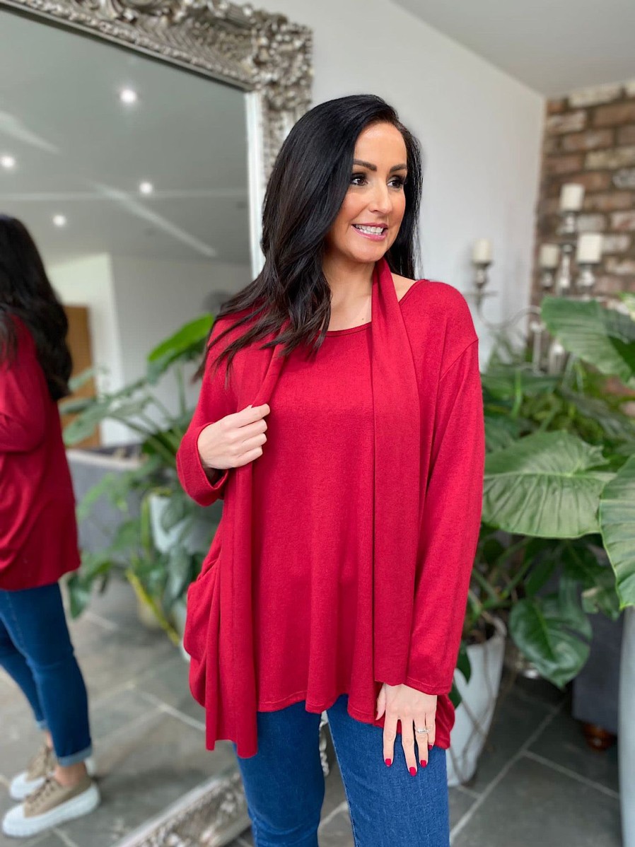 Clothing Prospero Long Sleeve | Red Soft Touch Pocket Scarf Top Lauren