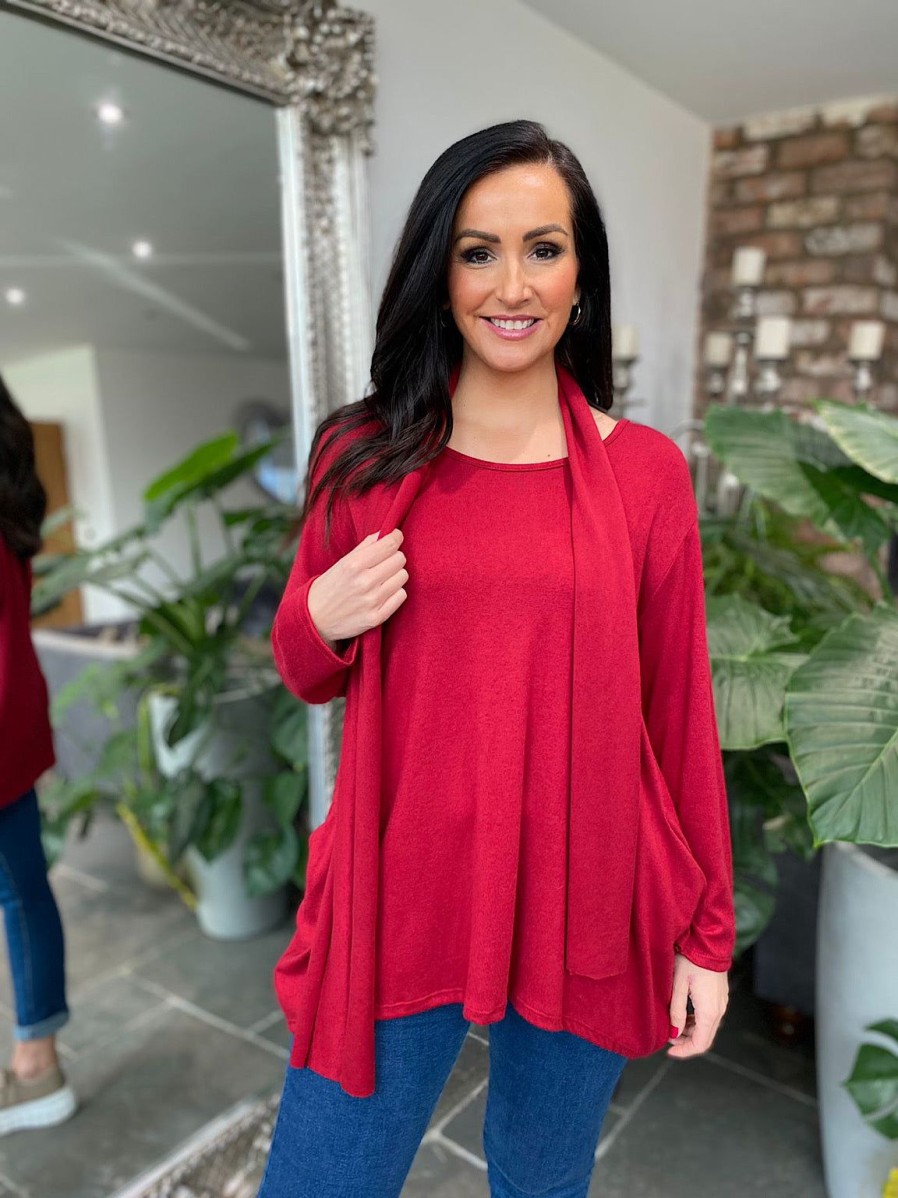 Clothing Prospero Long Sleeve | Red Soft Touch Pocket Scarf Top Lauren