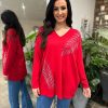 Clothing M&D Fashion Long Sleeve | Red Diamante Leaf Detail Knit Frankie