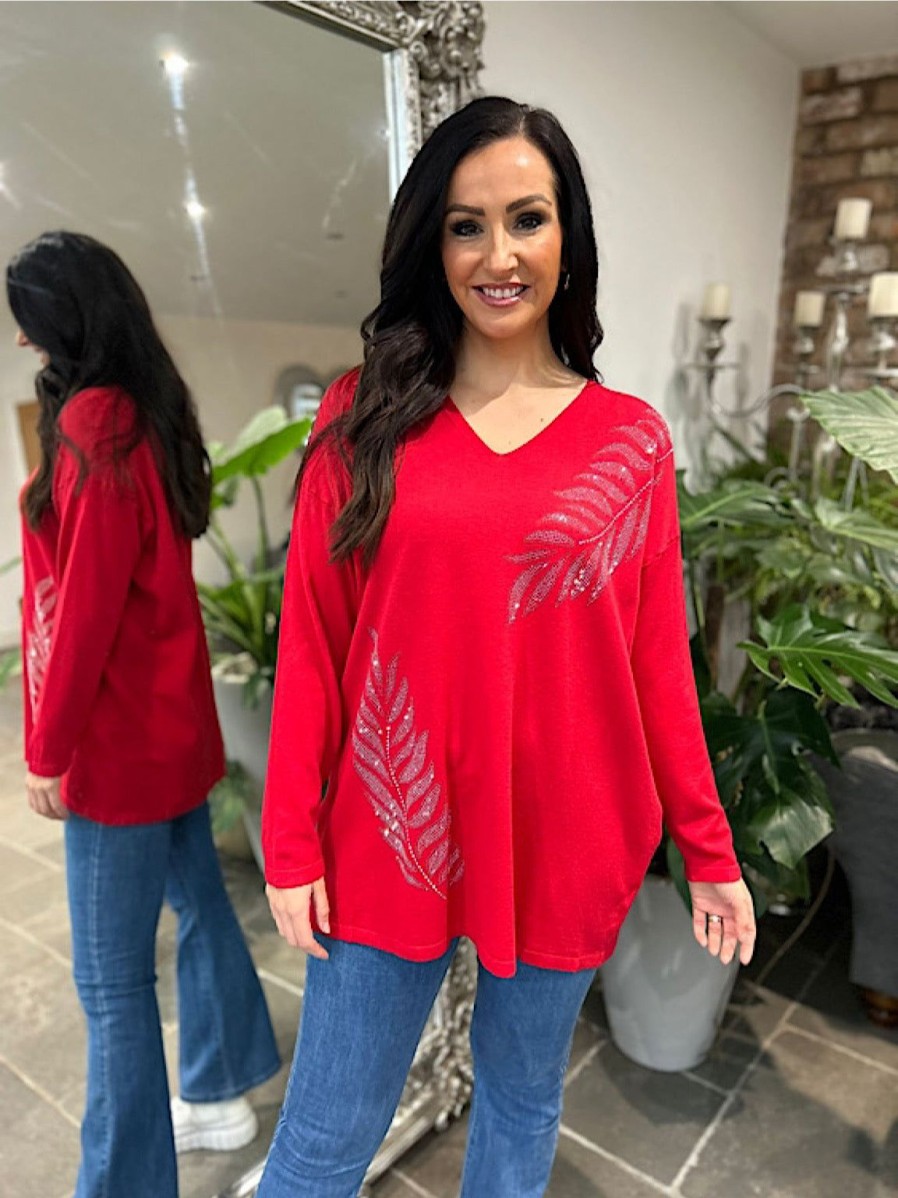 Clothing M&D Fashion Long Sleeve | Red Diamante Leaf Detail Knit Frankie