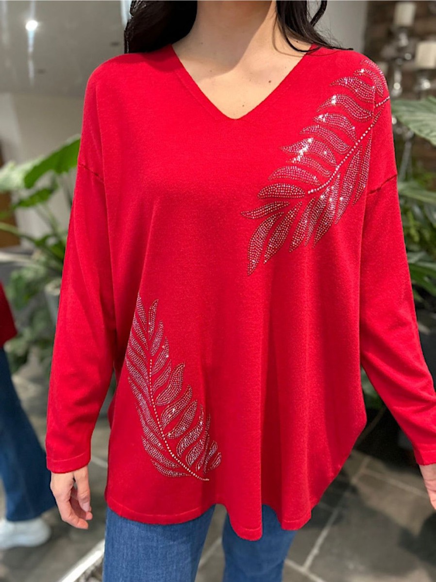 Clothing M&D Fashion Long Sleeve | Red Diamante Leaf Detail Knit Frankie