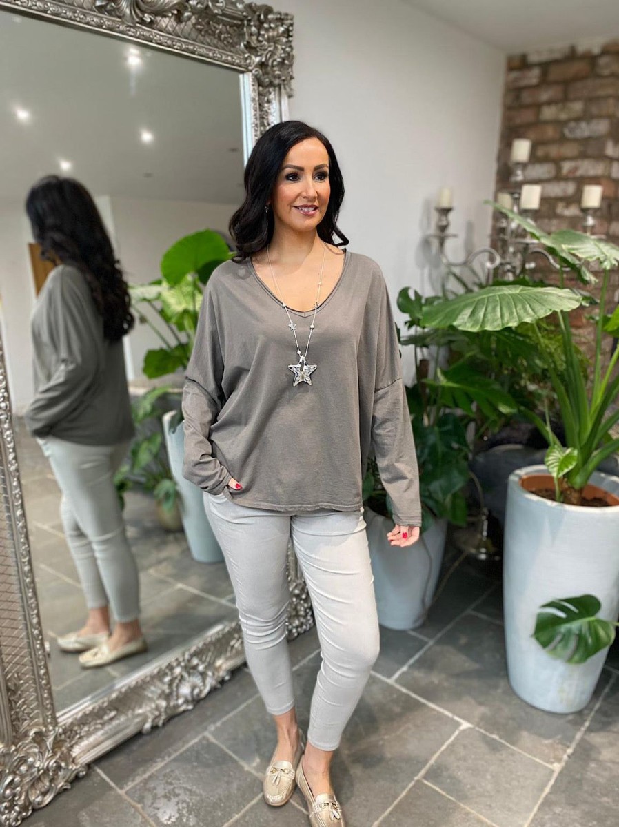 Clothing Anita Moda Long Sleeve | Mocha V Neck Top Averi