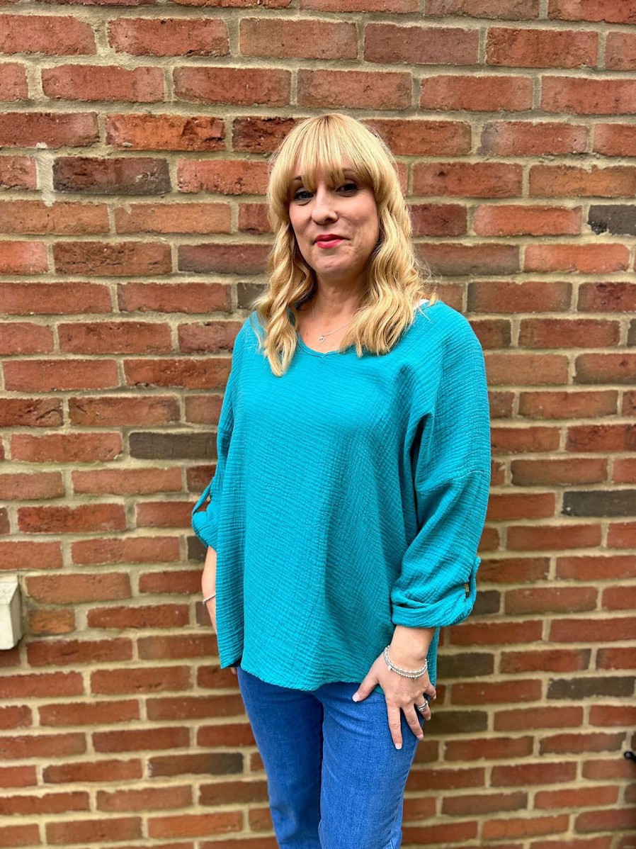 Clothing M&G Long Sleeve | Teal Bubble Cotton Top Emily