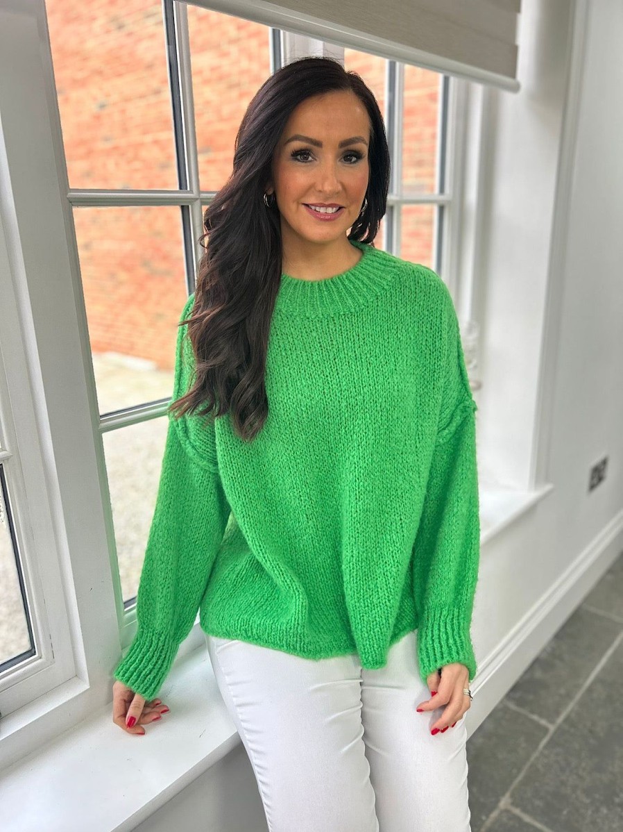 Clothing K8 Chunky Knitwear | Green Ribbed Neck Premium Jumper Alex