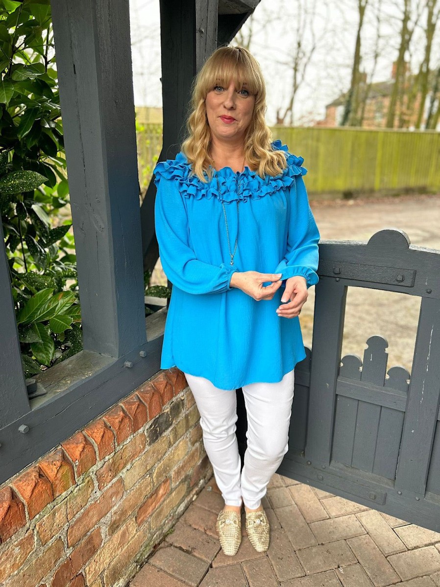 Clothing Gold Fashion Long Sleeve | Blue Ruffle Bardot Top Heidi