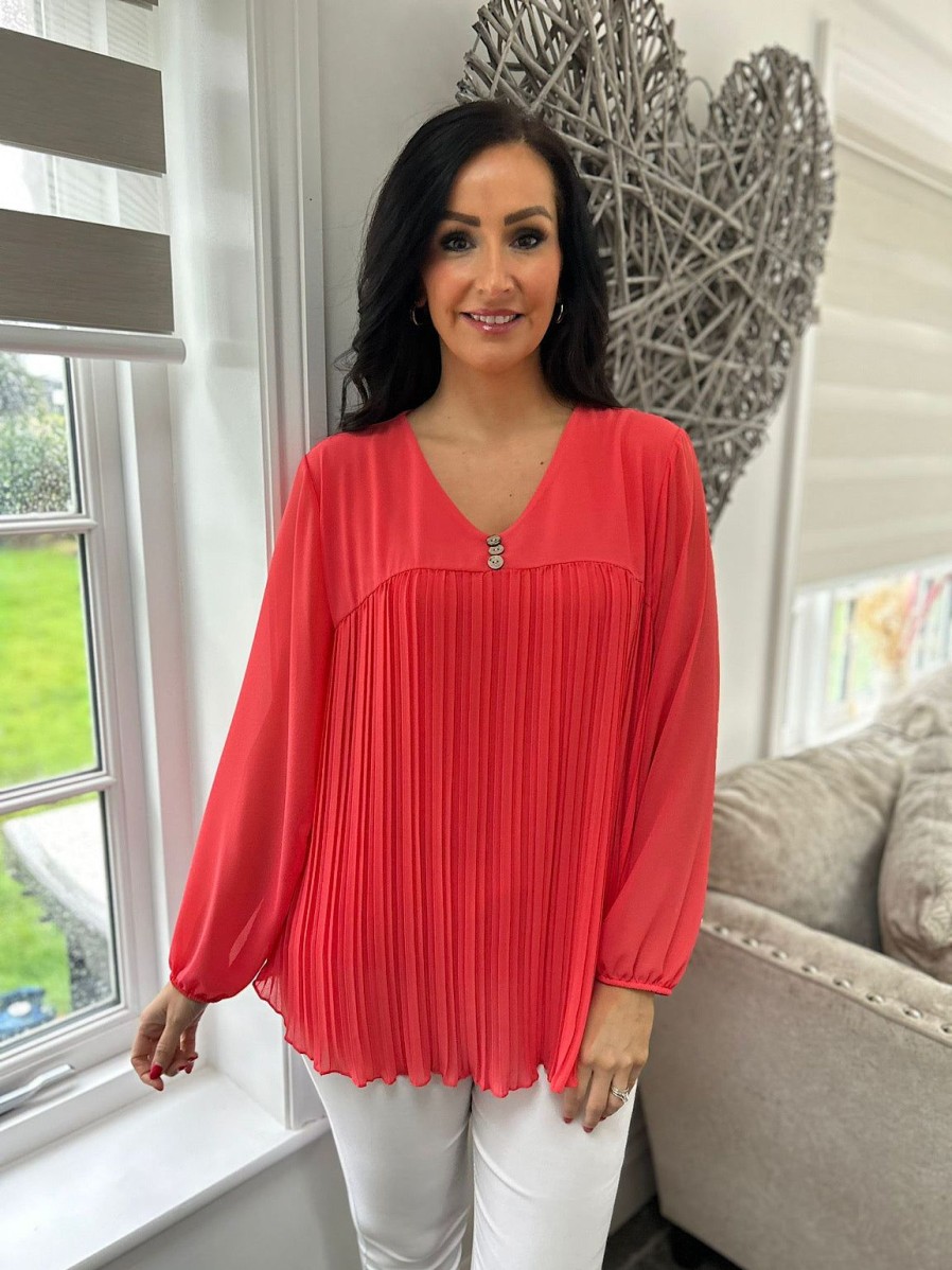 Clothing A.B.C Shirts & Blouses | Coral Button Pleated Blouse Hilary