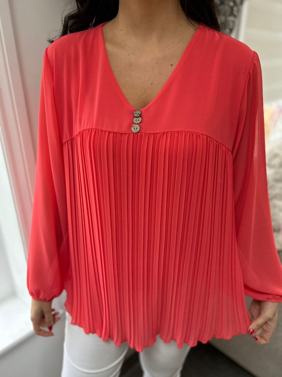 Clothing A.B.C Shirts & Blouses | Coral Button Pleated Blouse Hilary