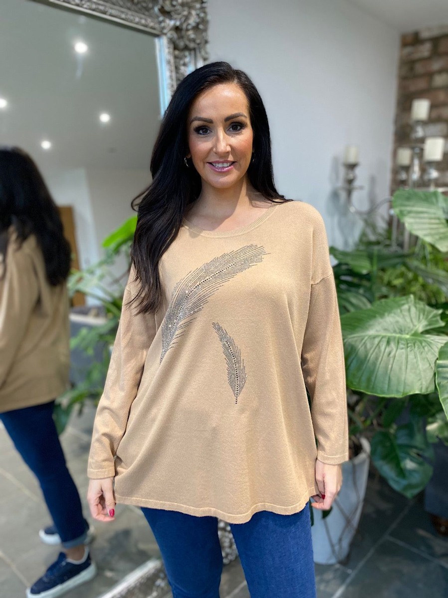 Clothing M&D Fashion Long Sleeve | Camel Diamante Feather Knit Rosie