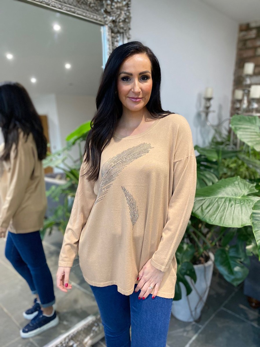 Clothing M&D Fashion Long Sleeve | Camel Diamante Feather Knit Rosie