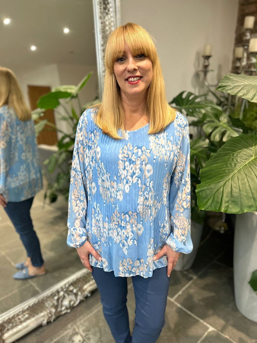 Clothing A.B.C Shirts & Blouses | Blue Pleated Leopard Blouse Charlotte