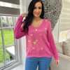 Clothing D-Style Long Sleeve | Lipstick Pink Shimmer Heart V Neck Shona