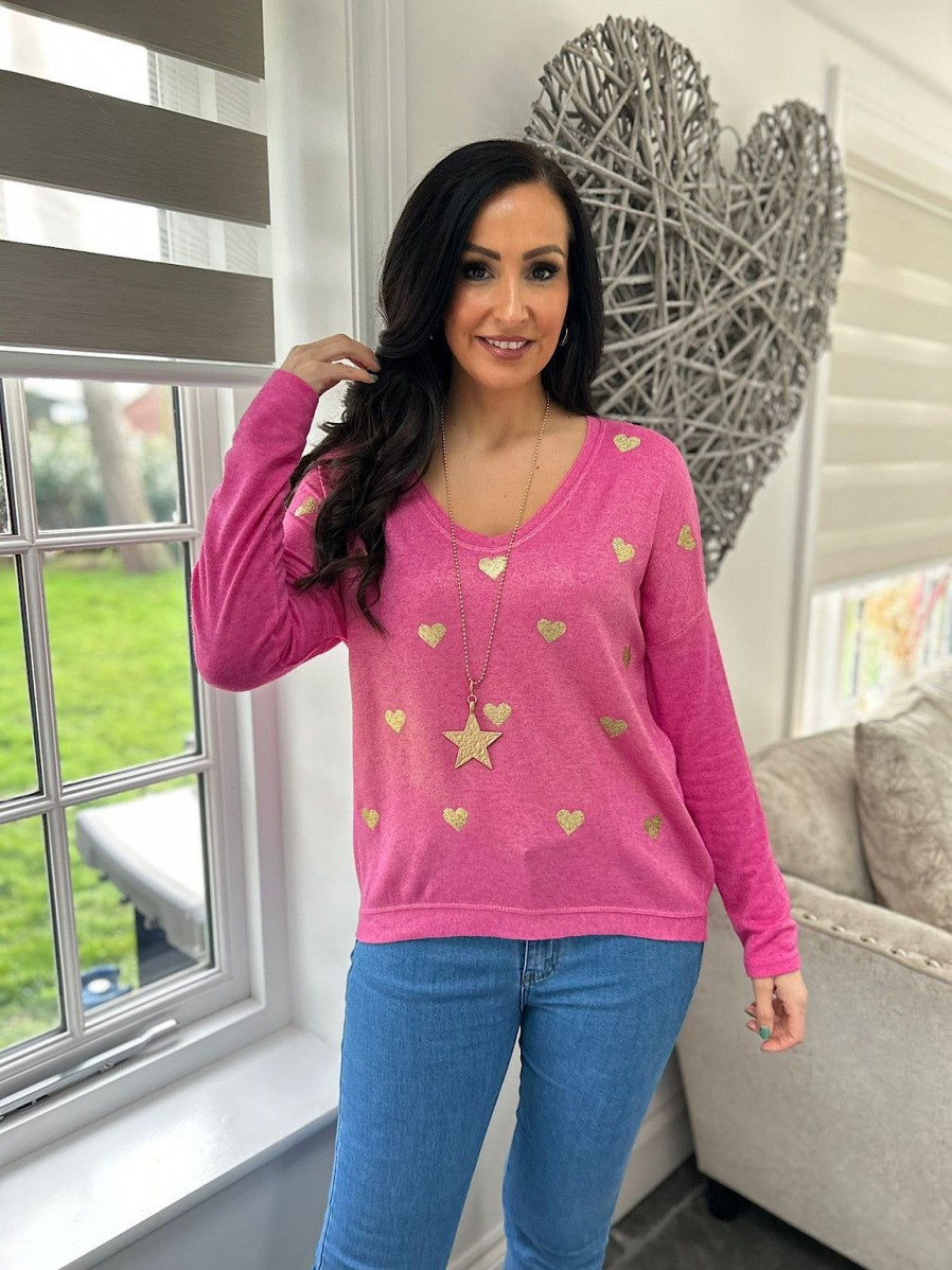 Clothing D-Style Long Sleeve | Lipstick Pink Shimmer Heart V Neck Shona