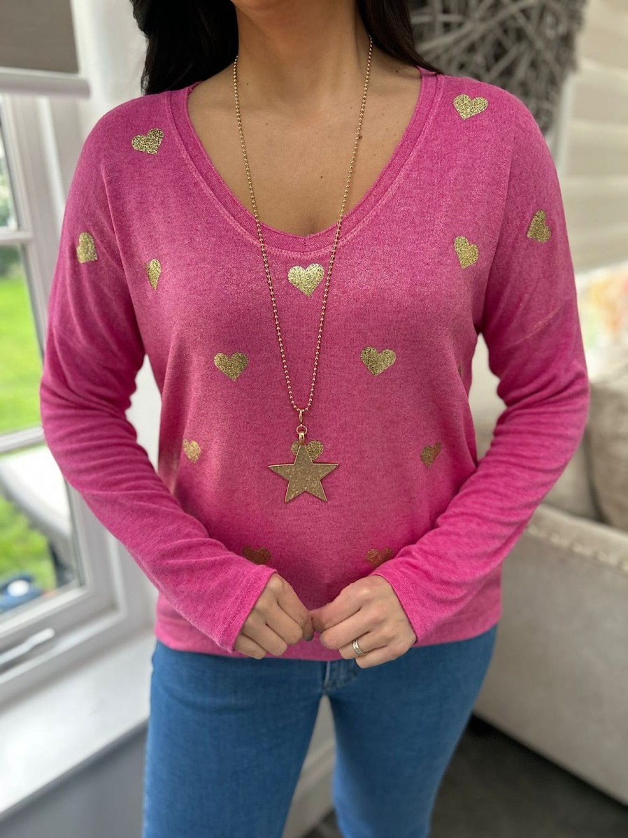 Clothing D-Style Long Sleeve | Lipstick Pink Shimmer Heart V Neck Shona