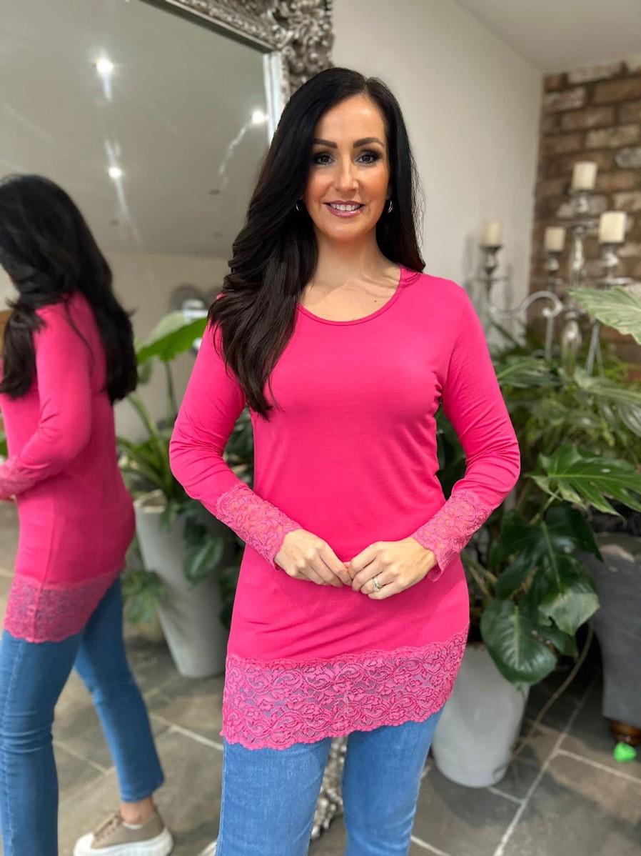 Clothing J&M Long Sleeve | Lipstick Pink Lace Trim Round Neck Top Ruth