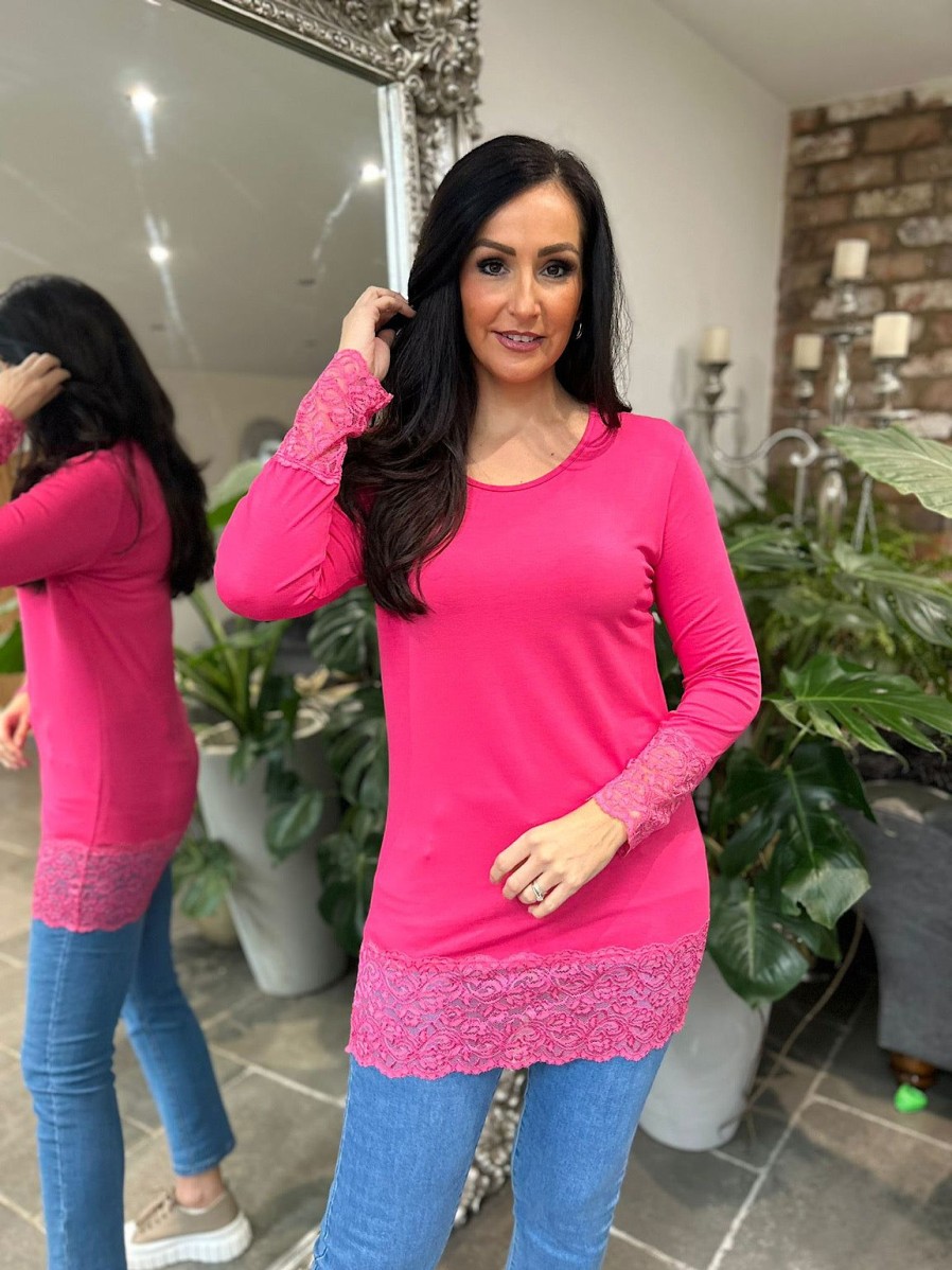 Clothing J&M Long Sleeve | Lipstick Pink Lace Trim Round Neck Top Ruth