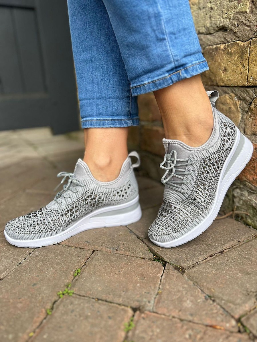 Footwear Gallevani | Grey Embellished Wedge Trainer