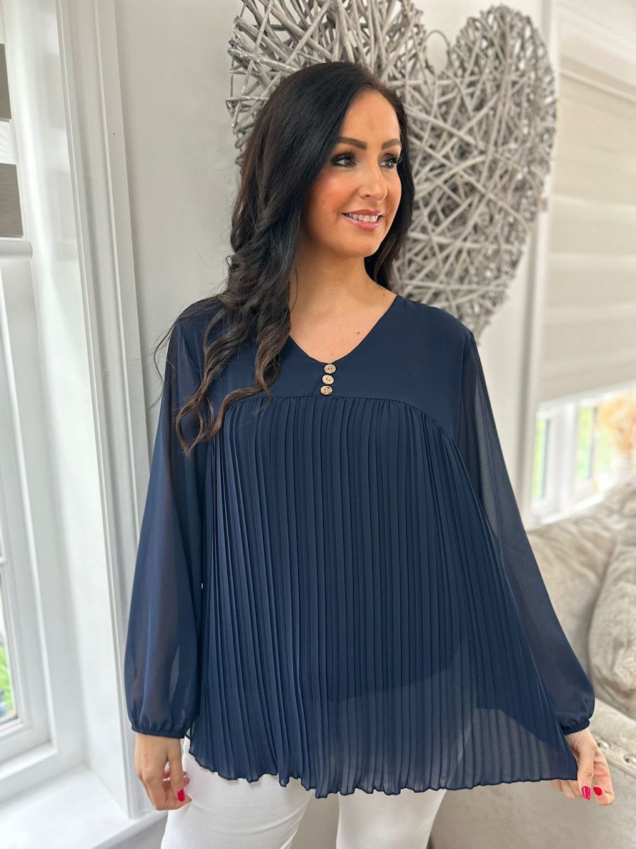 Clothing A.B.C Shirts & Blouses | Navy Button Pleated Blouse Hilary