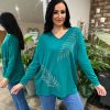 Clothing M&D Fashion Long Sleeve | Green Diamante Leaf Detail Knit Frankie