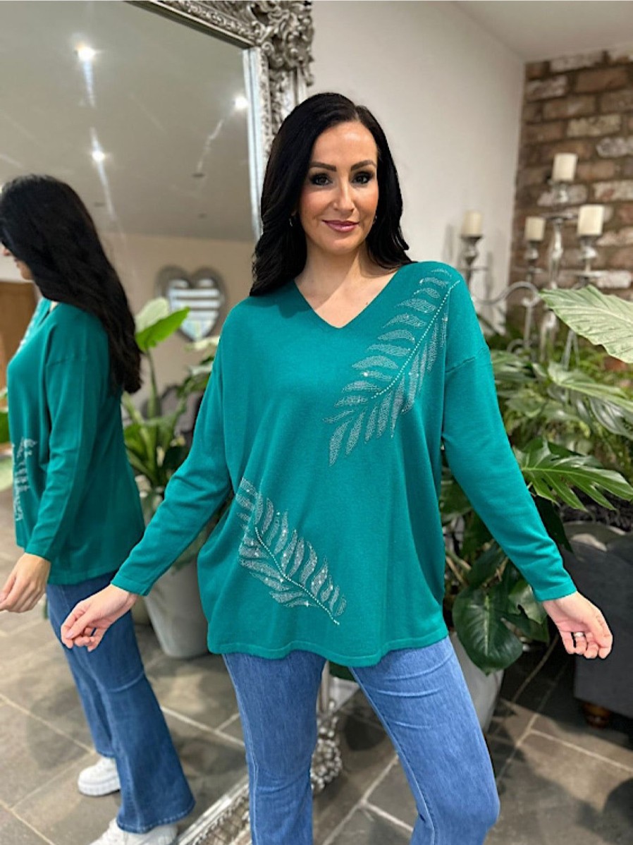 Clothing M&D Fashion Long Sleeve | Green Diamante Leaf Detail Knit Frankie