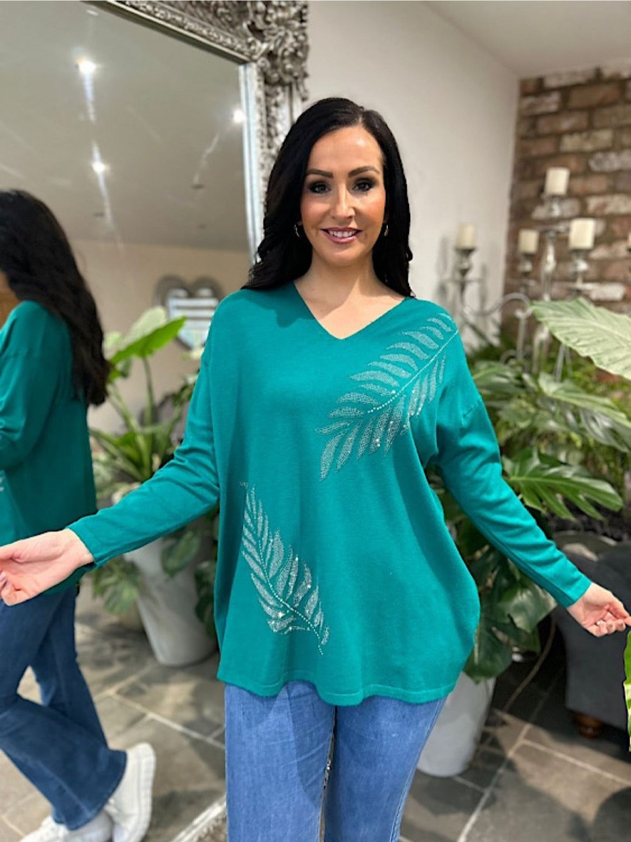 Clothing M&D Fashion Long Sleeve | Green Diamante Leaf Detail Knit Frankie