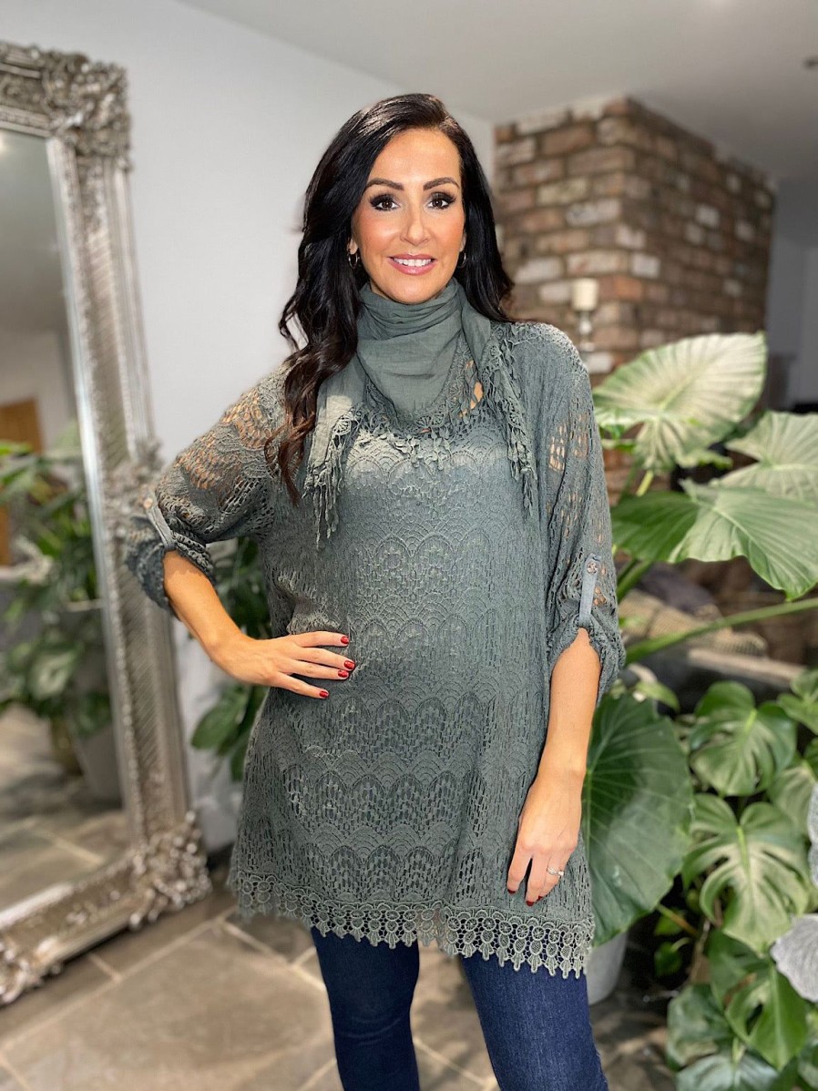 Clothing Prospero Long Sleeve | Khaki Lace Detail Scarf Top Darcie