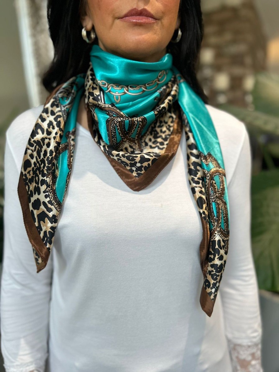 Bags & Accessories Twenty One Fashion | Teal Silk Style Leopard Edge Chain Scarf