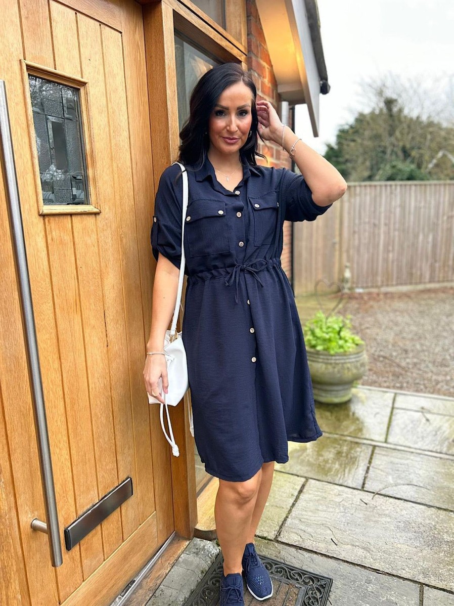 Clothing Gold Fashion | Navy Crepe Tie Waist Shirt Dress Francesca