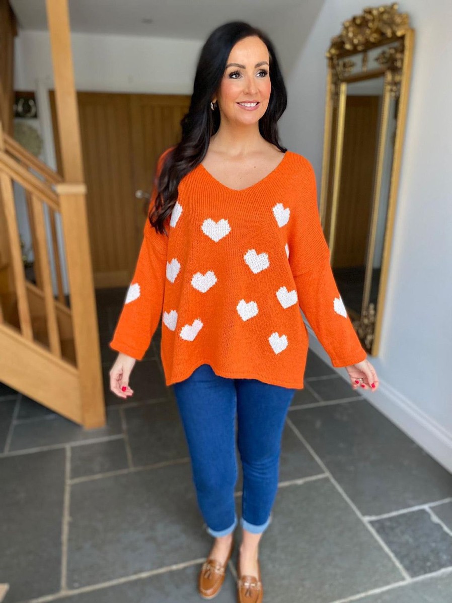 Clothing Paris Collection Chunky Knitwear | Orange V Neck Multi Heart Knit Kerry