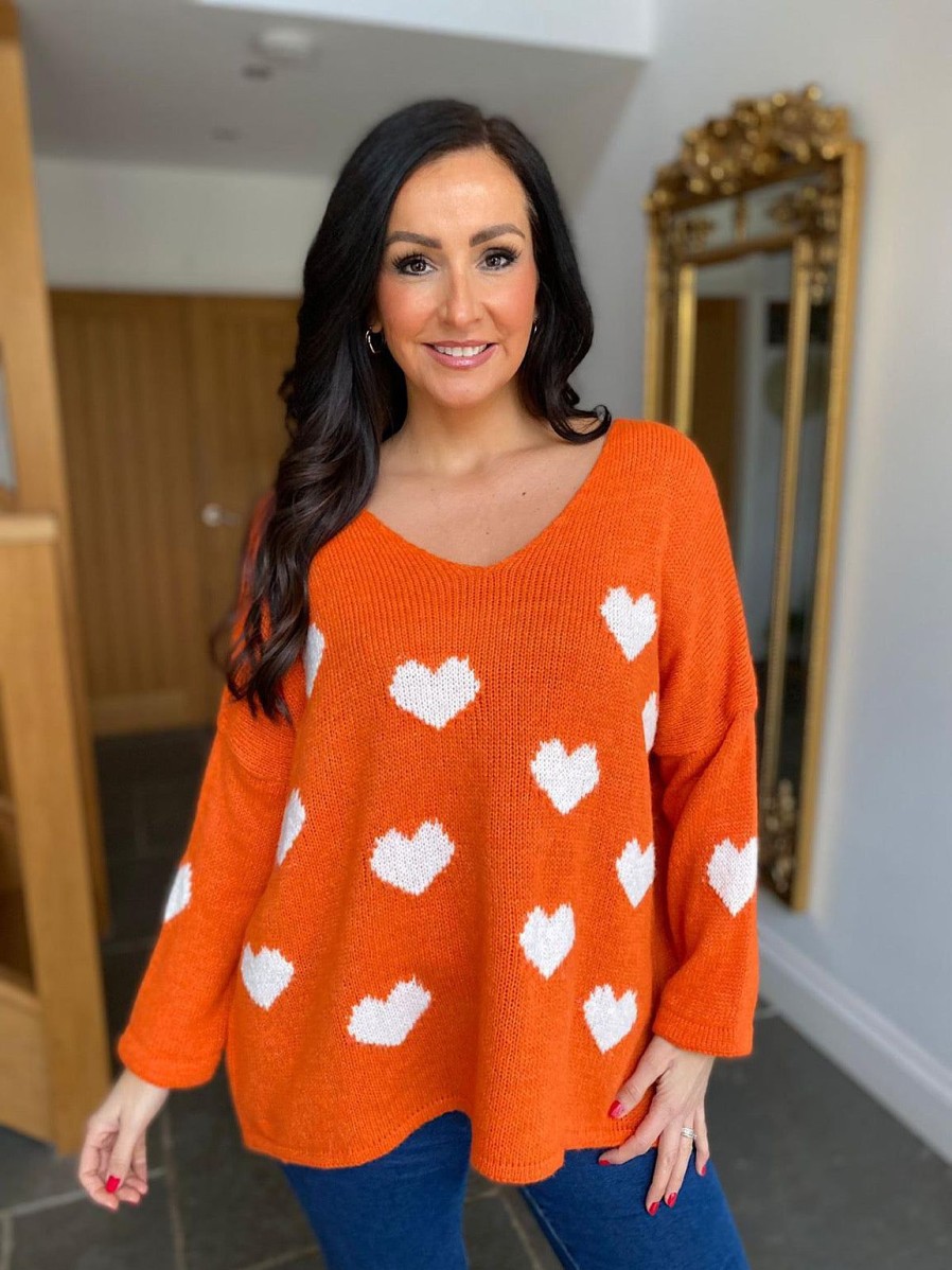 Clothing Paris Collection Chunky Knitwear | Orange V Neck Multi Heart Knit Kerry