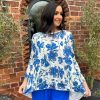 Clothing Paprika Long Sleeve | Royal Blue Floral Hi-Lo Round Neck Top Remmi