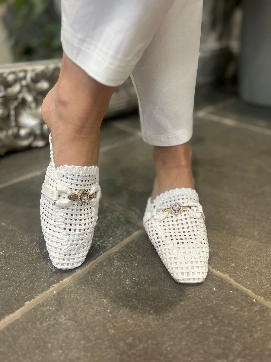 Footwear Gallevani | White Diamante Detail Slip Ons