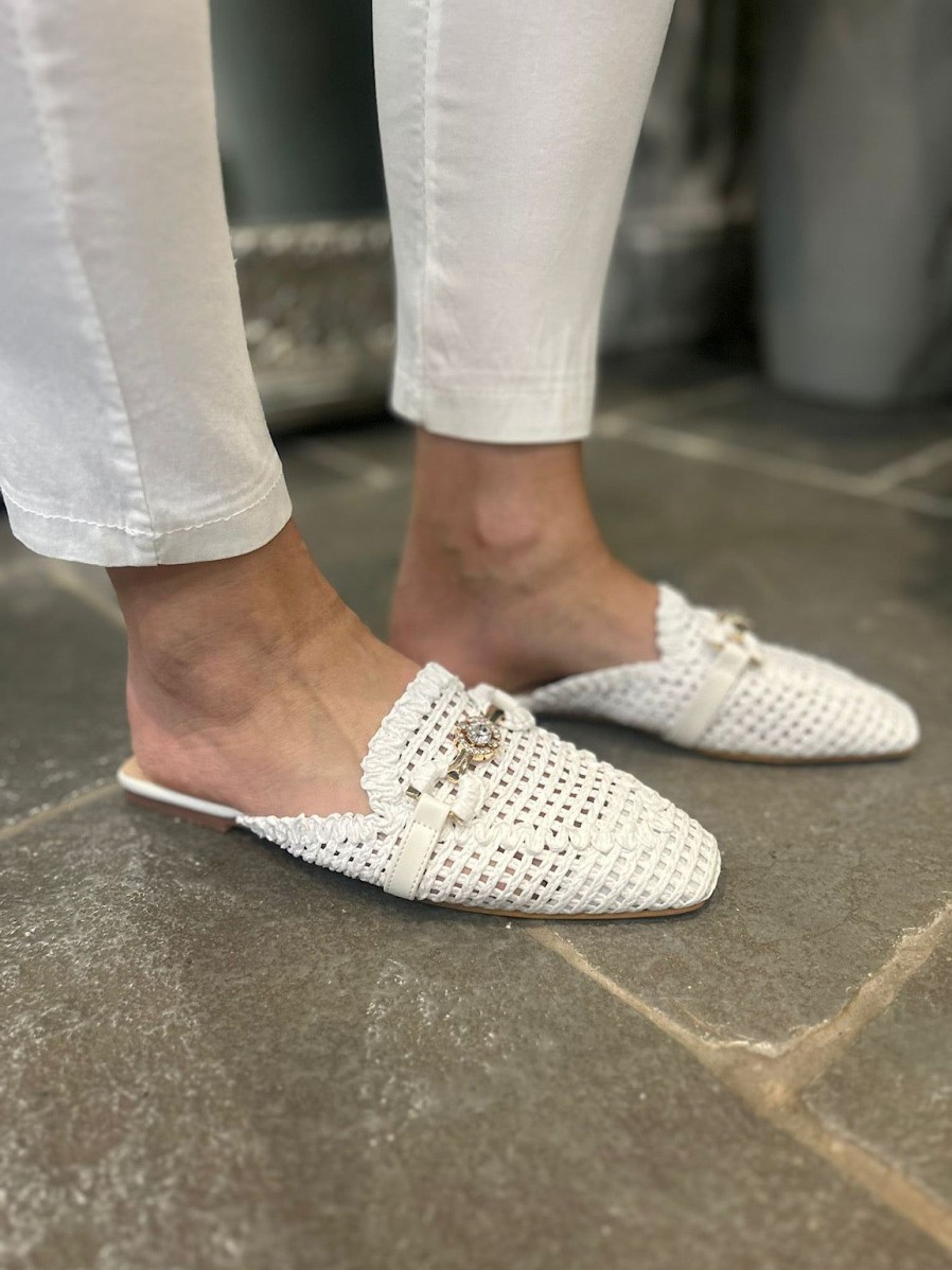 Footwear Gallevani | White Diamante Detail Slip Ons