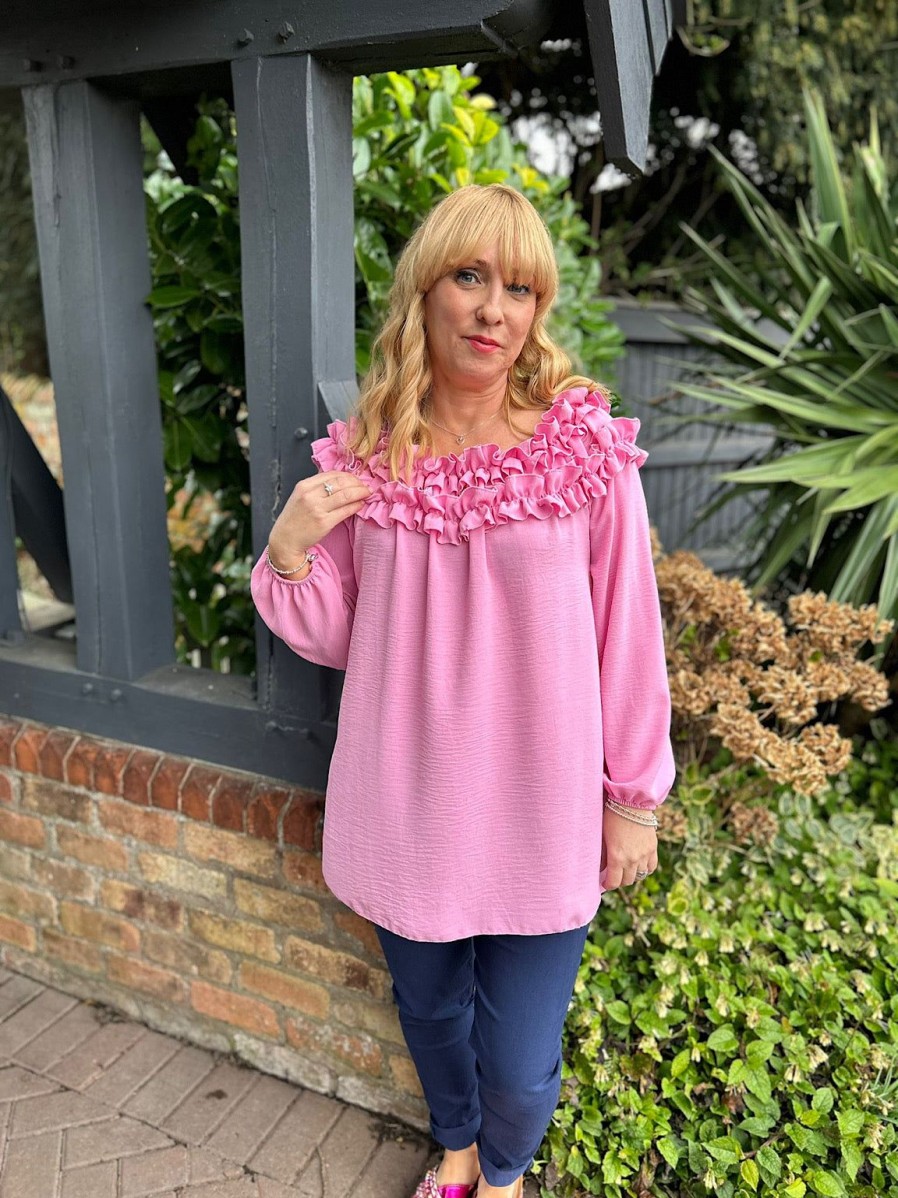 Clothing Gold Fashion Long Sleeve | Pink Ruffle Bardot Top Heidi