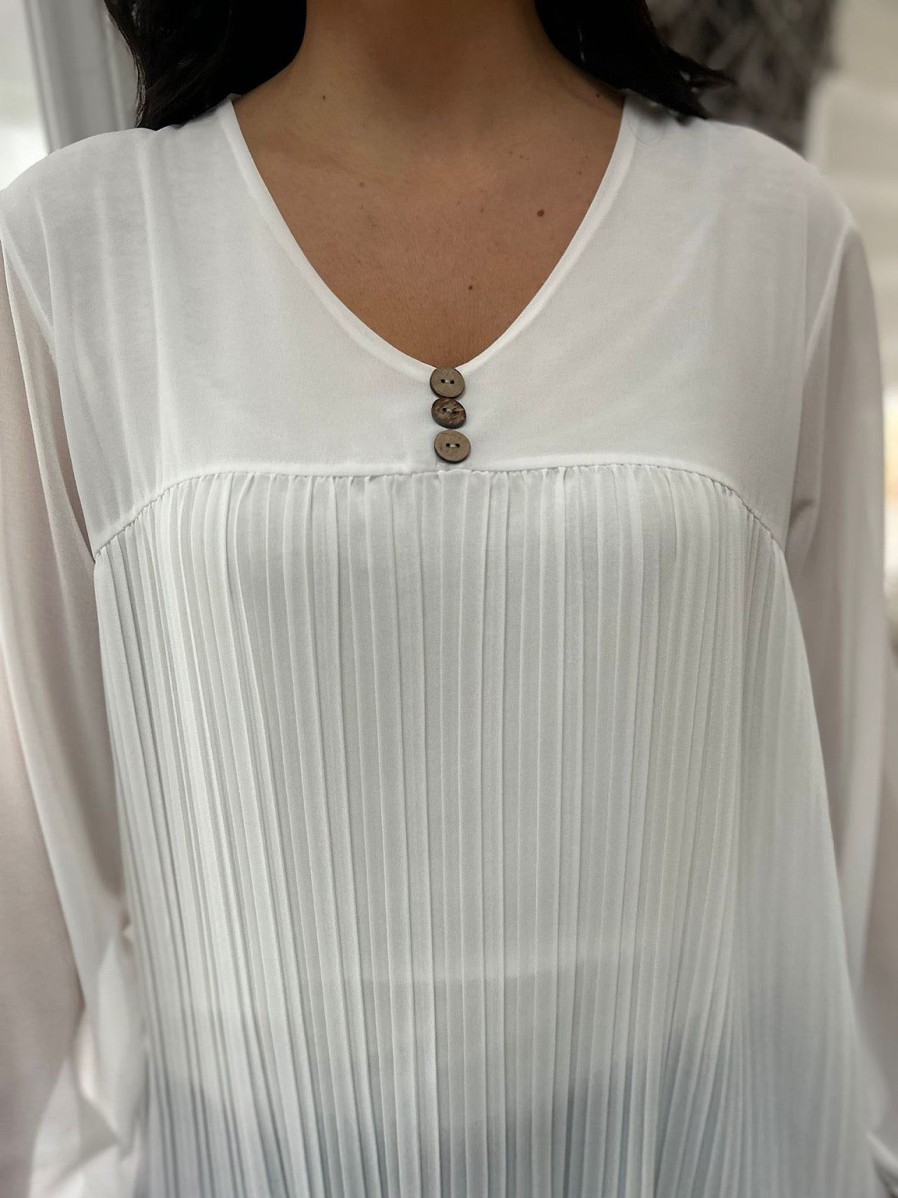 Clothing A.B.C Shirts & Blouses | White Button Pleated Blouse Hilary