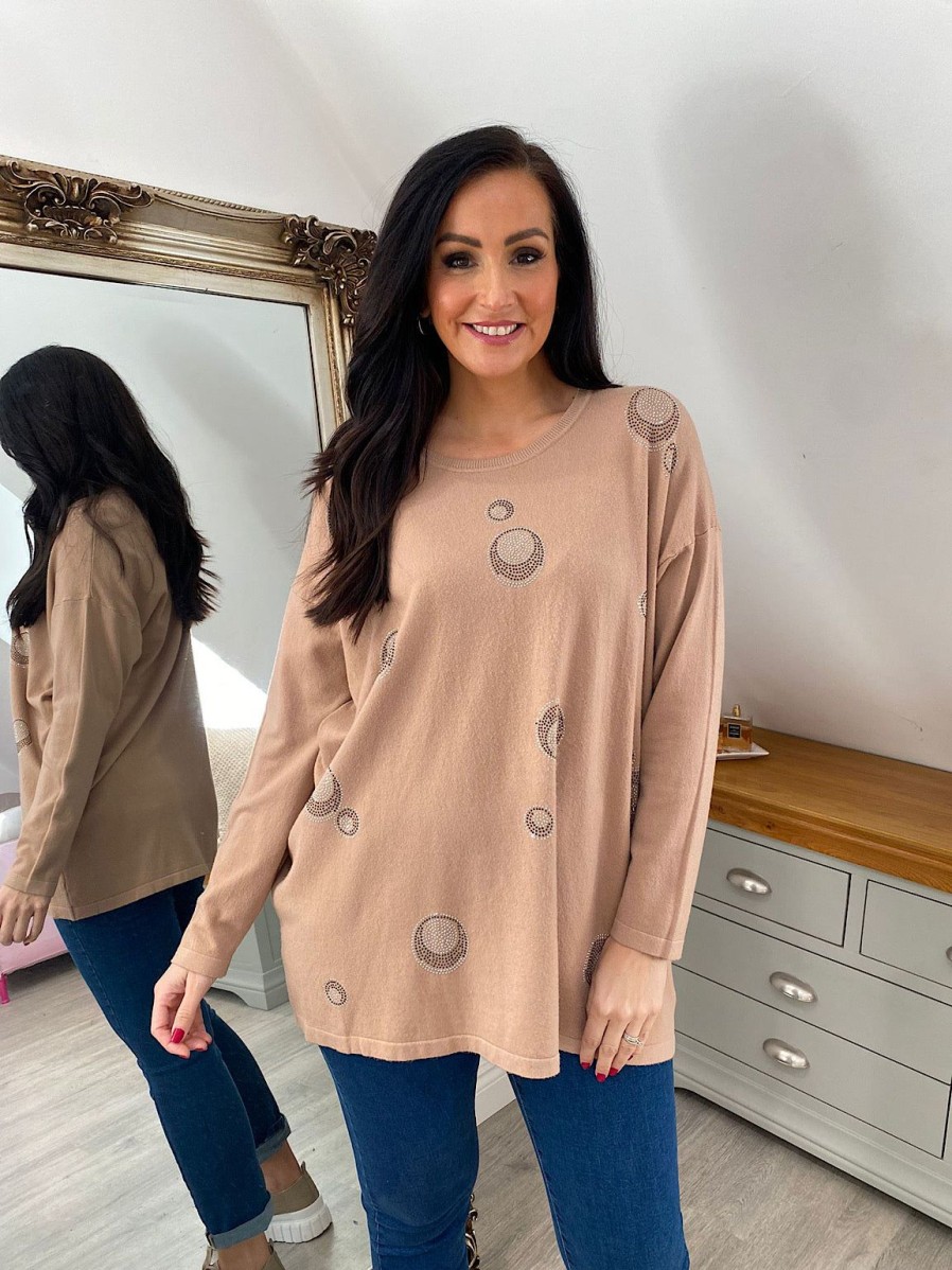 Clothing M&D Fashion Long Sleeve | Camel Diamante Bubble Pattern Knit Rosie