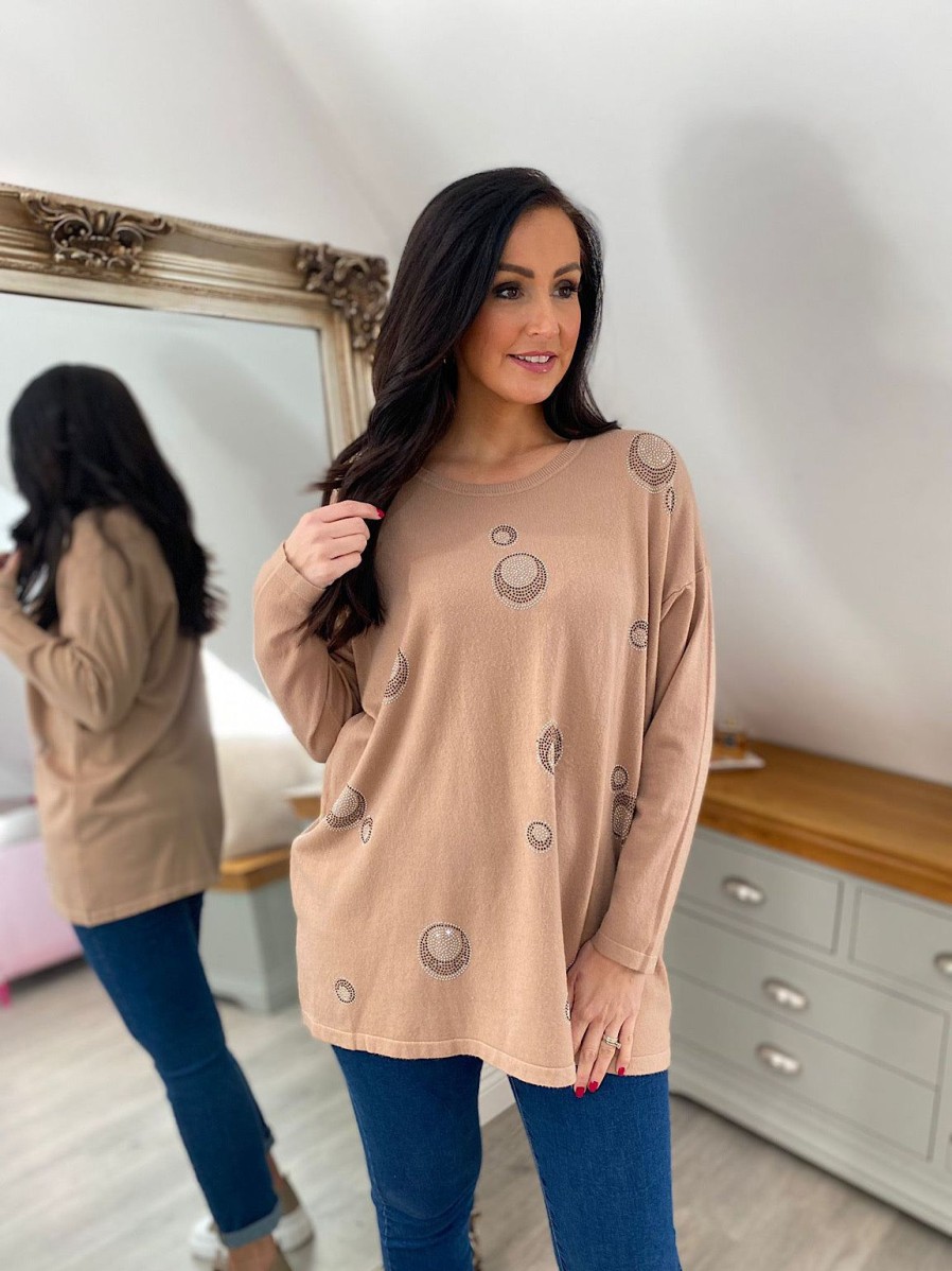 Clothing M&D Fashion Long Sleeve | Camel Diamante Bubble Pattern Knit Rosie