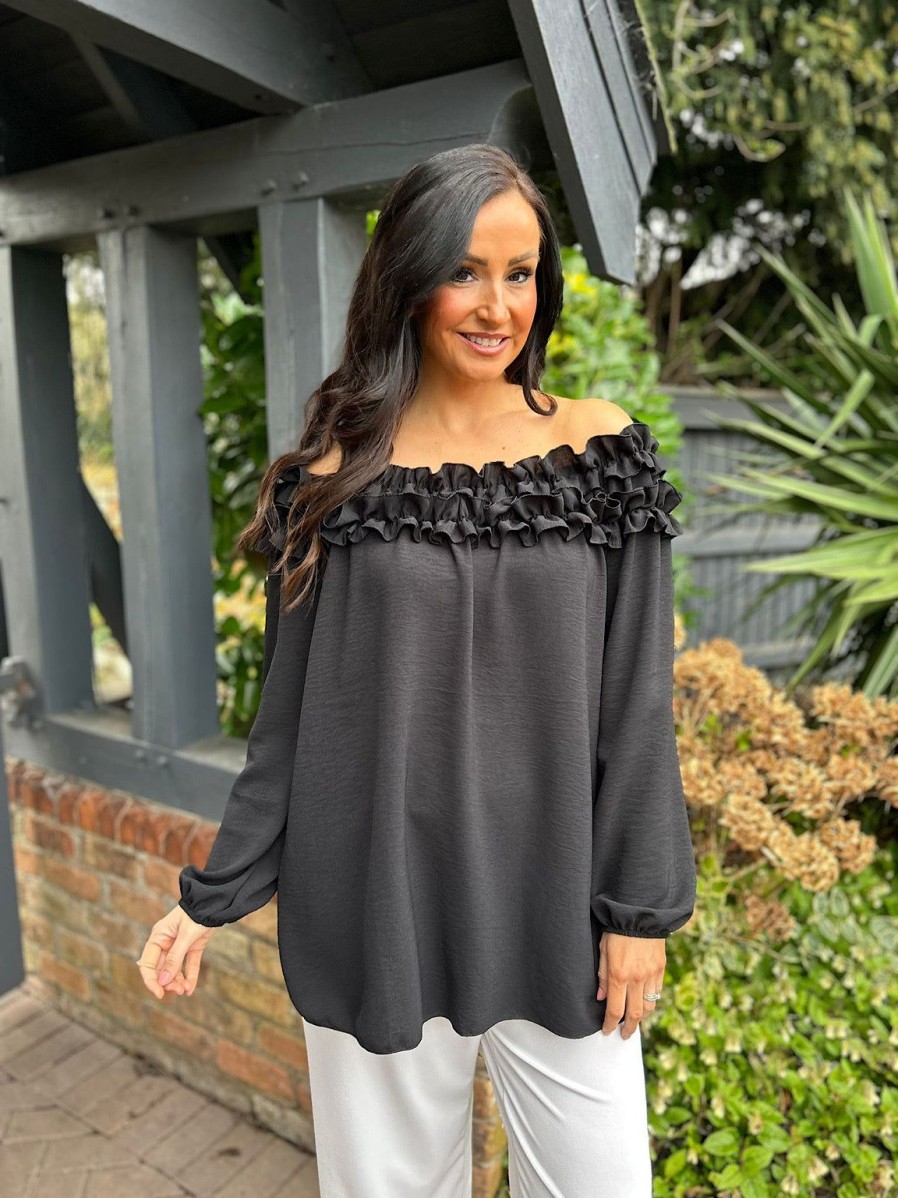 Clothing Gold Fashion Long Sleeve | Black Ruffle Bardot Top Heidi