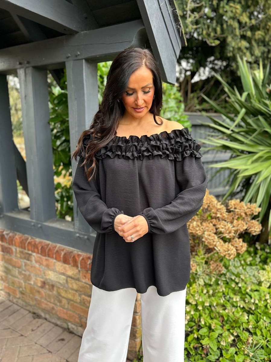 Clothing Gold Fashion Long Sleeve | Black Ruffle Bardot Top Heidi