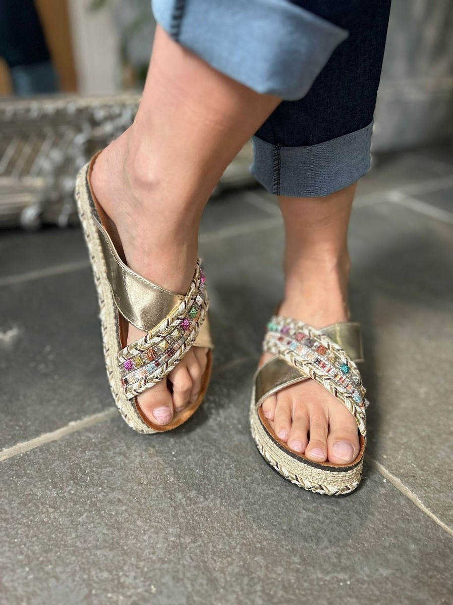 Footwear Gallevani | Pre Order Gold Embellished Weave Wedge Sliders