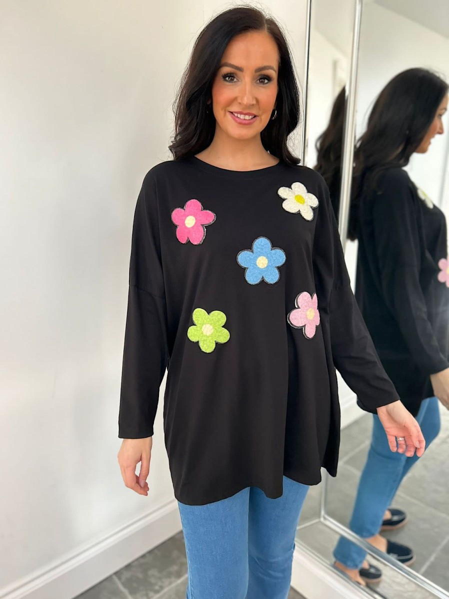 Clothing Paris Collection Long Sleeve | Black Round Neck Floral Top Jude