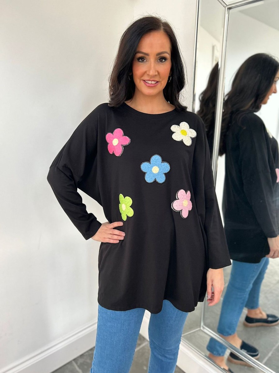 Clothing Paris Collection Long Sleeve | Black Round Neck Floral Top Jude