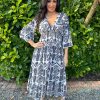 Clothing M&G | Navy Flared Sleeve Maxi Tribal Dress Megan